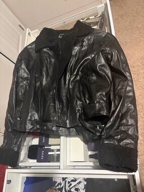 Forever 21 Black Faux Leather Sherpa-Trim Jacket